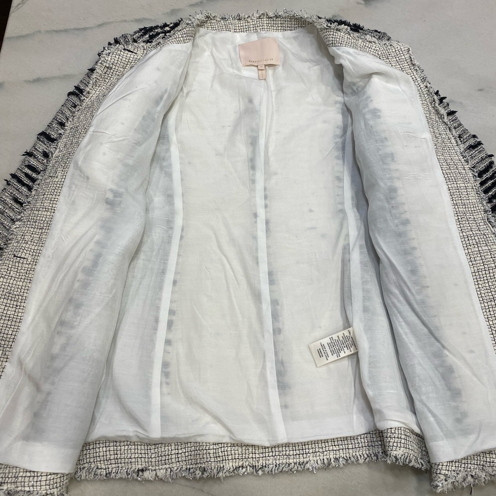 Rebecca Taylor Tweed Jacket Size 10 Black Cream Metallic - Picture 11 of 15